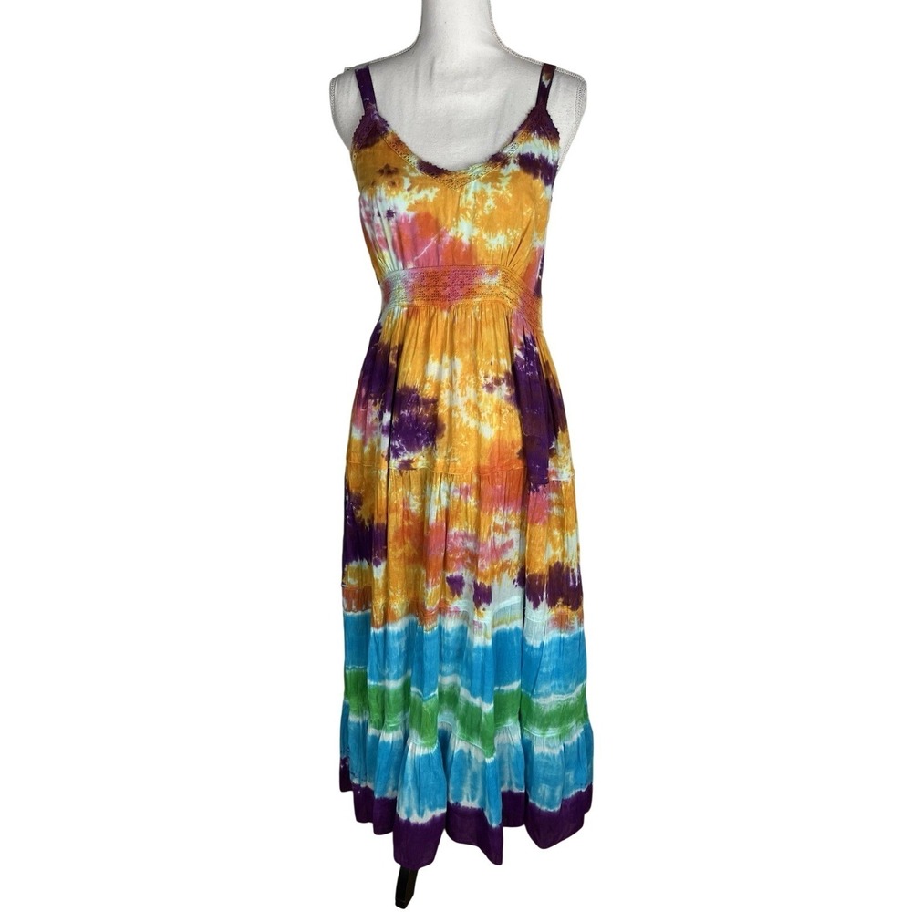 Earthbound Trading Company Gauzy Tiered Smocked Maxi Dress M Tie Dyed Beach